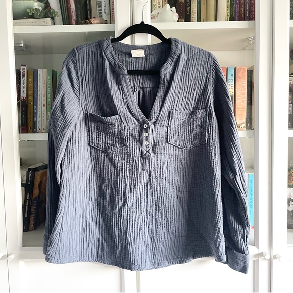 Mote Notch Neck Crepe Gauze Tunic Blouse - Picture 1 of 10